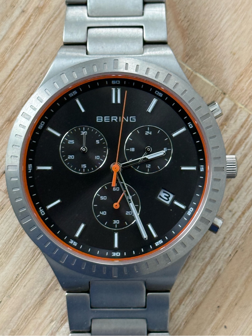 Bering Titanium Chronograph Mens Watch All Titanium Bracelet Case Black Dial